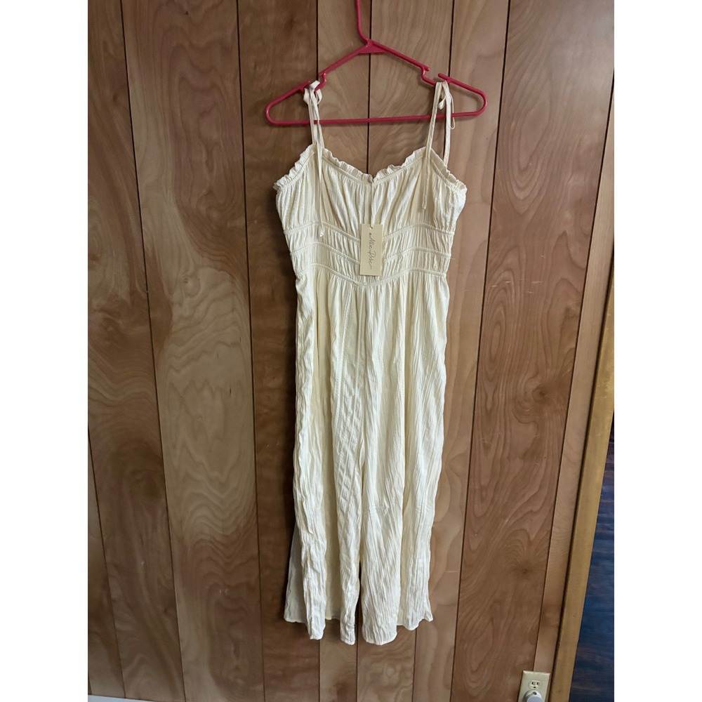 Allie Rose Ivory Smocked Tie Shoulder Wide Leg Jumpsuit Cream Large NEW